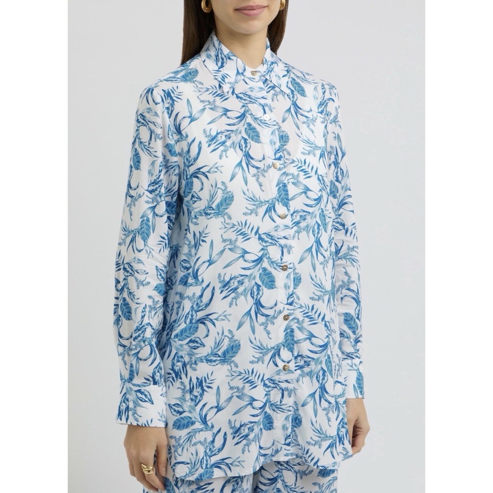 Melissa Odabash Paige Blue And White‎ Leaf Print Button Up Shirt Cover Up Size M